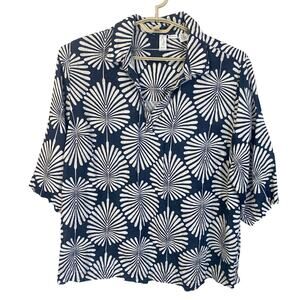 Joie 100% Linen Palm Leaf Blouse Navy White Cream Mother of Pearl Buttons Sz 2X